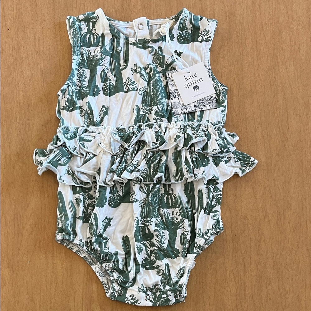 kate quinn White & Green Cactus Ruffle Baby Romper